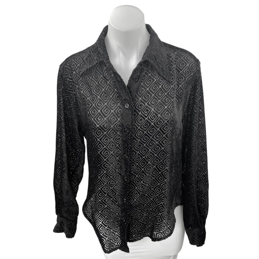 Guess Jeans Black Long Sleeve Semi Sheer Geometric Button Up Shirt Top Size M